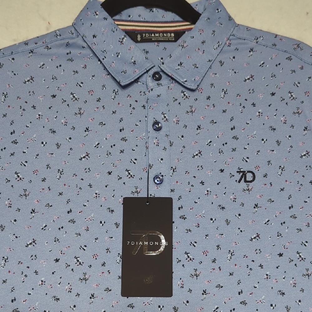 7 Diamonds Belmont All Over Floral Print Blue ‎ Performance Golf Polo Mens Small